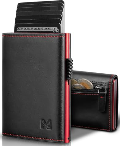 MYSHION Geldbörse Herren mit Münzfach & RFID-Schutz, Smart Wallet mit Sichtfenster, Portmonee Geldbeutel Herren, Portemonnaie Herren mit 6 Kartenfächern für bis zu 11 Karten (Schwarz Rot)