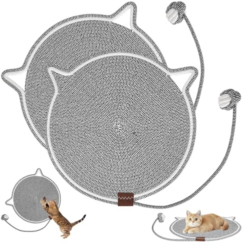2 Stücke Baumwollseil Kratzmatte Katze mit Baumwollkugel, 43x43cm | Kratzteppich Katze Runder Kratzbrett für Möbelschutz Katzenkratzpads für Indoor Katzen Grau
