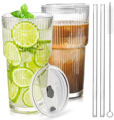KUOGAS 2 st. 600 ml randiga glasmuggar med lock och sugrör, tjocka och robusta smoothieglas av högkvalitativt glas, lufttät och vattentät design, perfekt för kaffe