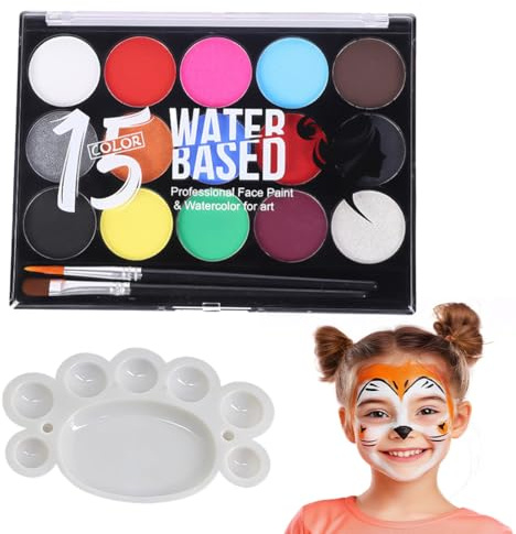 15 Farbe Kinder Gesichts Farben Kinderschminke Set, Kinderschminke, Schminkpalette, 2 Berufs Pinsel, für Theaterschminke Karneval,Halloween Schminke Cosplay Gesicht Bodypainting Kit