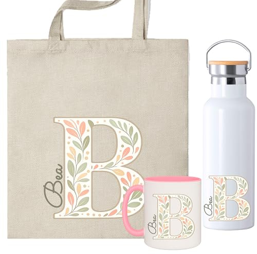 Set Personalizado con Inicial y Nombre, Bolsa de Tela + Taza 350ml con Diseño Floral de Hojas, Opción de añadir Botella personalizada, Regalo Comunión, dia de la madre, amigas (Pack Floral)