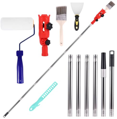 9Pcs Multi-Angle Paint Brush Extender Holder, 1.7m Paint Roller Extension Pole with Paint Brush & Rollers & Scrapers, Universal Extension Pole Attachments for High Ceiling and Cleaning Tools