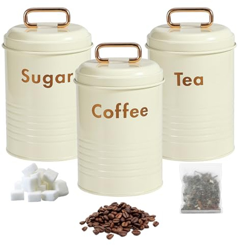 Yuecda 3 Piece Tea Coffee Sugar Canister Set Elegant Metal Storage Canister Airtight Containers Kitchen Essentials Cafe Accessories（Cream and Rose Gold）