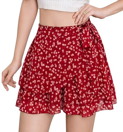 Aunribor Jupe Courte D'été Femmes Mini-Jupe Décontractée Fluide à Volants | Taille Haute Élastique A-Ligne Jupes à Lien Nouable Imprimé Fleur Couleur Unie Légère Skirt avec Doublure en Short