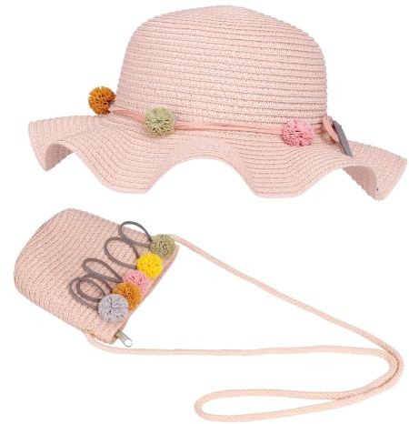 Zoriena Cappello da Sole Bambina con Borsa, Cappello di Paglia Estivo per Spiaggia Bordo Largo con Decorazione Fiori, Set Vacanze attività Outdoor Rosa 3-7 Anni