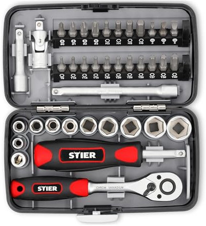 STIER Jeu de douilles et d'embouts 1/4 38 pcs, Carré creux, Acier au chrome-vanadium, Jeux de clés, outils à douilles