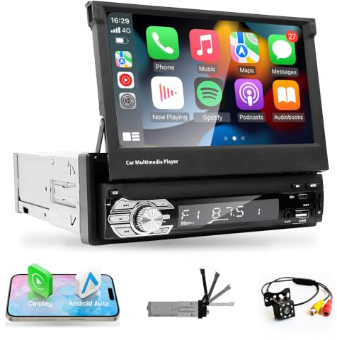 EZoneTronics Universal 7 Zoll Flip Out 1Din Autoradio mit Bildschirm | Unterstützung Carplay Android Auto Touchscreen Autoradio Bluetooth Mirror Link EQ USB Typ-C AUX SWC FM/RDS Radio