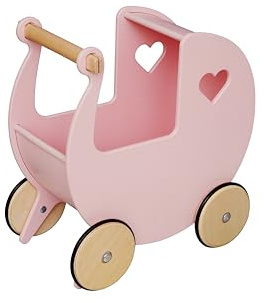 Moover Classic Doll's Pram for Toddlers, Fully Assembled, Designed in Denmark from Russian Birch Plywood, Push Along Toy, 18 Months+, 44 x 43 x 24 cm, Baby Pink and Natural Wood