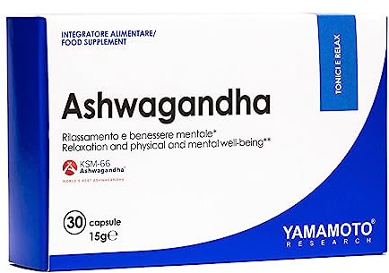 YAMAMOTO RESEARCH, Ashwagandha KSM-66 30 Cápsulas, Complemento Alimenticio con 600 mg de Ashwaganda, Óptimo para el Bienestar Mental y Físico, Alta Concentración