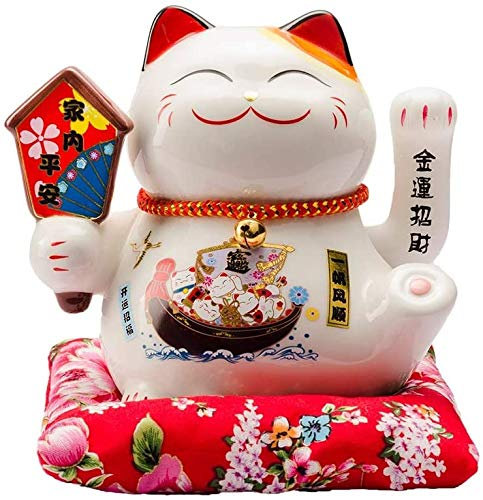 Mkuha Maneki Neko de Cerámico, Porcelana Gato de la Suerte Afortunado Gato Agitando el Brazo bendición, Estatuilla para la Decoración de la Oficina Hogar y la Tienda, Blanco, 16x14x16cm, A