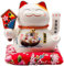 Maneki Neko de Cerámico, Porcelana Gato de la Suerte Afortunado Gato Agitando el Brazo bendición, Estatuilla para la Decoración de la Oficina Hogar y la Tienda, Blanco, 16x14x16cm, A