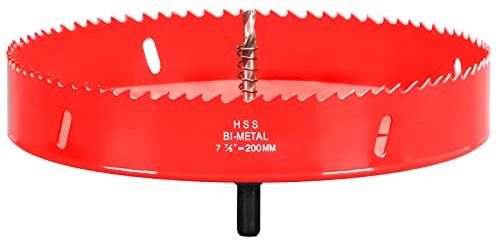 Lochsäge 200mm, Schnellarbeitsstahl HSS M42 Bi-Metall Lochsäge, Lochfräser mit Sechskant-Schaft und Bohrer für Holz, Trockenbau und Metallblech, 1 Stück Rot