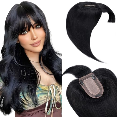 Elailite Haartopper für Damen, natürlich, mit Fransen, Toupet, Echthaar, Haarverlängerung zum Anstecken, Basis aus Seide (Dunkelschwarz, 30 cm)