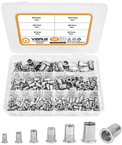 VIGRUE 250Stk Nietmuttern Sortiment M3 M4 M5 M6 M8 M10 Gewindenieten Nietmutter A2-70 Edelstahl Werkzeug Flachkopf Gewinde Rivet Nutsert Cap Muttern für Nietmutternzange
