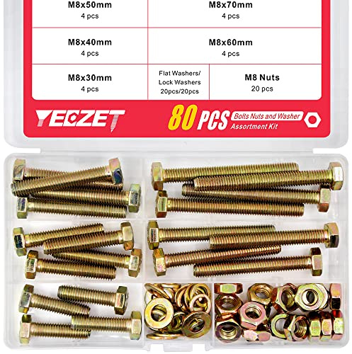 YEEZET M8 80 Stk Verzinkt 8,8 Sechskantschrauben Unterlegscheiben Federringe Muttern Sortiment Kit
