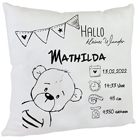 Kilala personalisierbares Kissen zur Geburt Namenskissen Geburtsgeschenk Babygeschenk Taufgeschenk (Bär)