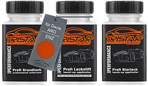 TRISTARcolor Autolack Lackstifte für Dacia ENZ Arizona Orange Metallic +1K | für Dacia / ARO, Set aus Grundlack + Basislack + Klarlack, Lackfläschchen mit Pinsel, je 50ml