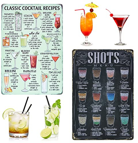 Cocktail Schilder Vintage Metallschilder, 2 Stück Retro Deko Blechschild, Classic Cocktail Rezept Poster für Café Bar Pub Küchen Kneipe Dekoration, Nostalgie Trinker Geschenk (20x30cm)