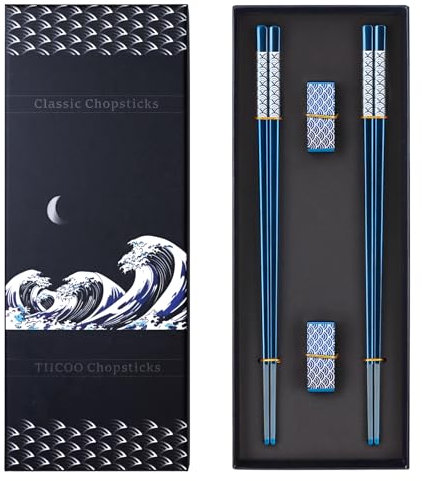 TIICOO Metal Chopsticks Reusable 2 Pairs Titanium Stainless Steel 18/8 Chopsticks with Holder, Dishwasher Safe Lightweight Korean Japanese Chinese Chop Sticks Gift Set(Blue)