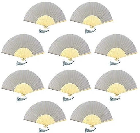 FANSOF.FANS, 10er-Pack Stoff-Handfächer mit Quaste und Bambusrippen, Güteklasse A, Party- und Hochzeitsgeschenk (Babygrau)
