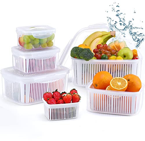 Luxear Fresh Food Storage Containers for Fridge, 5 Pack Storage Keep Fresh Produce Saver Microwave Safe BPA Free with Colander, Vegetable Lettuce Salad Fruit Containers, White