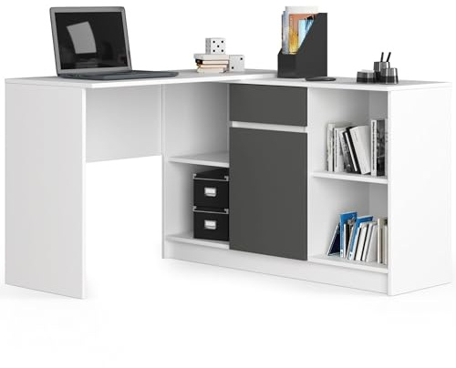 AKORD Bureau d'angle B-17 2 en 1 Combinaison Bureau + Commode avec 1 tiroir, 1 Compartiment de Rangement avec Porte et 2 étagères Ouvertes | 120 x h 79/77 x p 126, 68 kg | Blanc/Gris Graphite