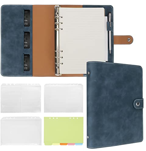 FYY Leather A5 Ring Binder Notebook, 6 Ring Travel Journal with A5 Refillable Papers, Binder Pockets and Dividers, Personal Writing Planner for School, Office, Home, Meeting Navy Blue
