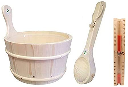 SudoreWell® Saunakübel Saunaeimer aus Espe 4,0 ltr. mit Einsatz + Saunakelle Plus Sanduhr Exklusiv 30 Minuten aus Kiefernholz mit rotem Sand