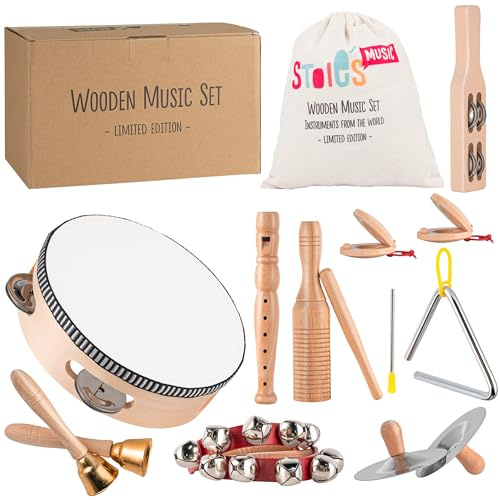 Instruments de Musique en Bois Stoie’s pour Enfants 3 à 9 Ans : Tambour, flûte, grelots, cymbales, castagnettes, Triangle. Montessori, Sons clairs, Prise sûre, Sac Coton Inclus