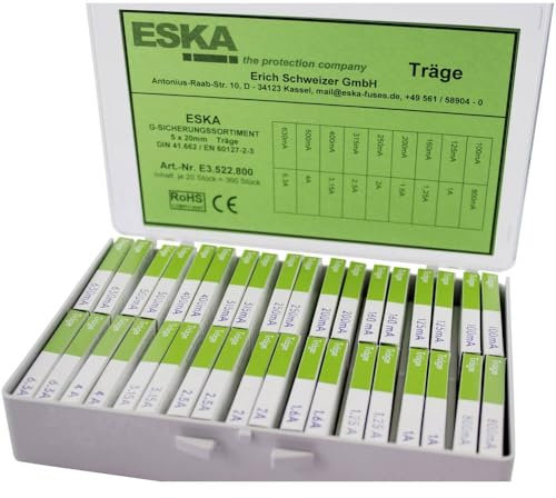 ESKA E3522800 Feinsicherung-Sortiment (Ø x L) 5 mm x 20 mm Träge -T- Inhalt 360 Teile
