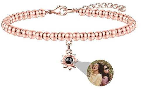 Personalisierte Foto Armband Benutzerdefinierte Runde Perle Projektion Armband mit Eigenen Bild im Stein, Lupe Foto Armbänder, Verstecktem Fotoarmband für Frauen Damen Freundschaft Silber Rose Gold