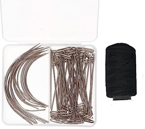 1 juego de hilo de tejer de poliéster con 50 pines en T para peluca, 20 agujas tipo C de 63 mm + 76 mm, agujas curvadas para el cabello, cordón de coser negro