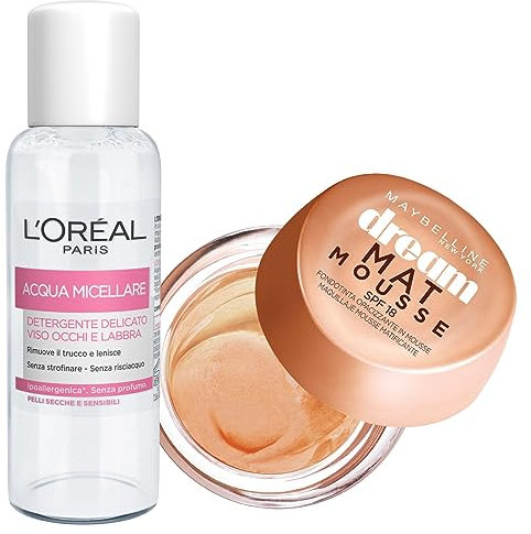 Maybelline New York Dream Mat Mousee Mattierende Grundierung LSF 18 Farbe 40 Fawn für Mischhaut oder fettige Haut + Micellar-Wasser mildes Reinigungsmittel für Gesicht Augen und Lippen Reiseformat 30