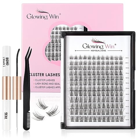 Glowing Win singelögonfransförlängningsset 144 st klusterfransförlängningsset med lash bond och tätning och pincett individuella falska ögonfransar gör-det-själv ögonfransförlängning 8–16 mm naturliga