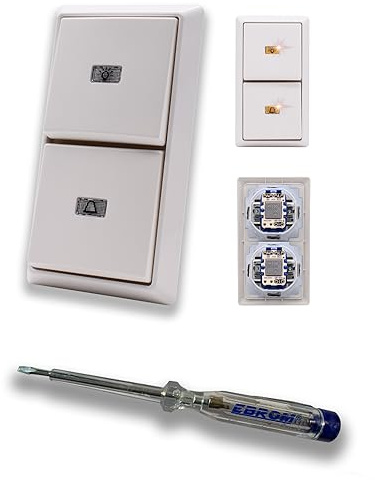 EBROM SET IDEE: Busch Jäger Allwetter44 - Klingel + Taster 2 x 2020 USGL | Klingel und Lichtschalter als Taster mit Symbol Licht und Klingel (beleuchtet) 2x Wippe alpinweiß + EBROM Phasenprüfer