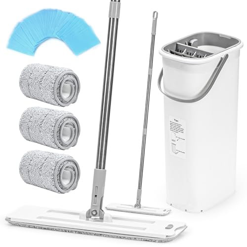 SIMMOP Wischmopp und Eimer Set, 360° Squeeze Mikrofaser Mops für Bodenreinigung, Zweikammer-Reinigungseimer für Nass und Trocken, Home Bodenreinigungssystem Mop für Holz, Laminat, Fliesen, Vinyl
