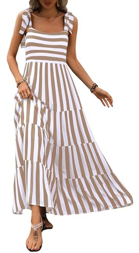 PRETTYGARDEN Womens Dresses 2025 Summer Striped Sleeveless Maxi Dress Casual Spaghetti Strap Tiered Flowy Beach Long Dress(Striped Khaki,Small)