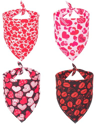ADOGGYGO Hundehalstuch, Dreieckstuch für Hunde, Rot / Rosa, Herzmuster, Valentins-Halstücher für große und extra große Hunde, Größe XL, 4 Stück