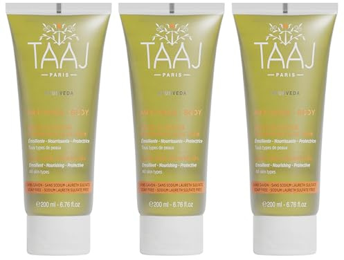 TAAJ | Gelatina per doccia Abhyanga all'aloe vera | Nutre e Idrata la Pelle | Mousse delicata e fondente | Prodotto in Francia | CrueltyFree | Set da 3x200ML