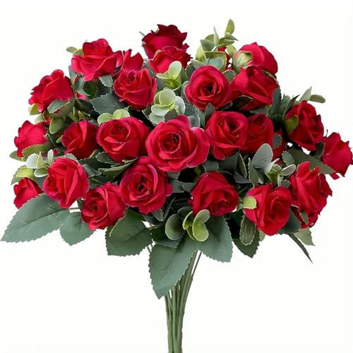 TVIVID Künstliche Blumengirlande im Vintage-Stil, 10 Köpfe, Seide, weiße Rosen mit Eukalyptusblättern, Pfingstrosen, Blumenstrauß, dekorative Girlanden für Hochzeit