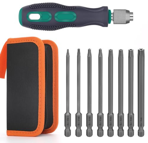 Set di 8 Punte Torx Lunghe Cacciavite Torx, Lunghezza 100 mm, Punte Magnetiche, Albero Esagonale da 1/4, Dimensioni da T8 a T40, con 1 Impugnatura e una Borsa per la Conservazion