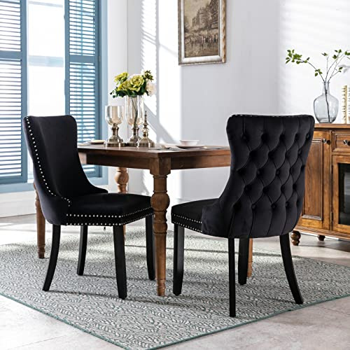 HomeTouch Lux Velvet Upholstered Kitchen Dining Chairs Set of 2 Tufted High Back Bedroom Office Chairs with Oak Wood Legs, Hand Made (2, Black)