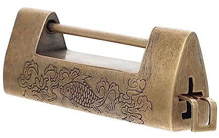 Vintage Engraved Copper Padlock for Wooden Boxes and Closets | Retro Chinese Style, Sturdy Practical Decorative Effect, Golden Finish, Suitable for Furniture and Drawers