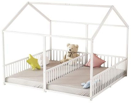 Billg 2 in 1 Kinderbett Hausbett 90 x 200cm, Metallbett Bettgestell für 2 Kinder, Doppelbett mit Lattenrost und Rausfallschutz, Bodenbett, Montessori Jugendbett für Junge und Mädchen, Ohne Matratze