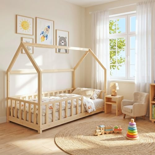 WEBER INDUSTRIES Hüttenbett Kiwi 90 x 190 cm mit Lattenrost und Matratze/Natur