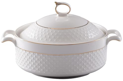 Kalastussaari Soup Tureen Ceramic, 1.5L White Serving Bowls with Gold Border Double Handle Soup Tureen with Lid and Ladle Set for Pasta, Punch Bowl with Ladle