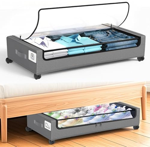 Utoimain 2-Pack Under Bed Storage Box with Lid and Wheels, Under the Bed Storage Containers with Clear Lids & Label, 48L Rolling Under-bed Drawers for Clothes, Blankets, Shoes, Toy