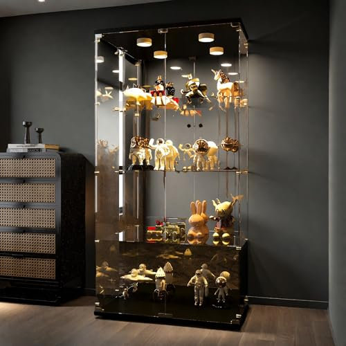 Glasvitrine, Glasvitrine Standvitrine mit Schloss und LED-Beleuchtung, Vitrine für Sammlung mit 2 Türen, 4 Fächern für Wohnzimmer, Schlafzimmer, Büro, Schwarz (Schwarz)
