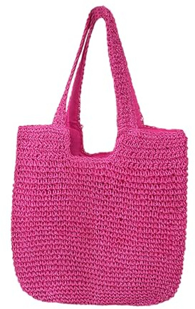 Generisch Stroh Strandtasche für Frauen Strohsack Strandtaschen Schultertasche Sommer handgewebte Tote Bags Geldbörse für Damen Beuteltasche Basttasche Shopper für Reisen&Urlaub (Rot)