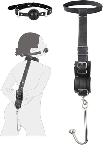 Set de ataduras bondage, gancho anal BDSM con mordaza, set de bondage de cuero 2 en 1 con cómodas y duraderas mordazas, collar y esposas de cuero ajustables